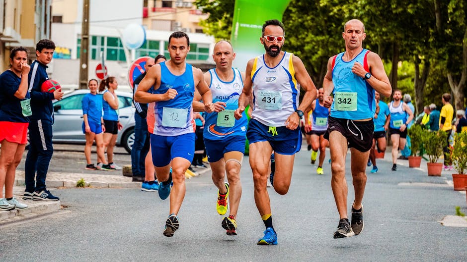 Vibrant scene of male marathon runners competing in an outdoor race, showcasing athletic endurance.